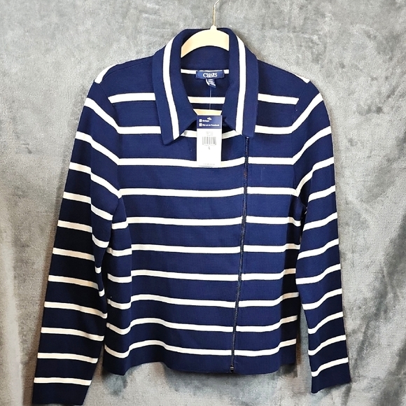 Chaps Navy Striped Women's Zipped Up Jacket New With Tags Size L - Picture 1 of 7